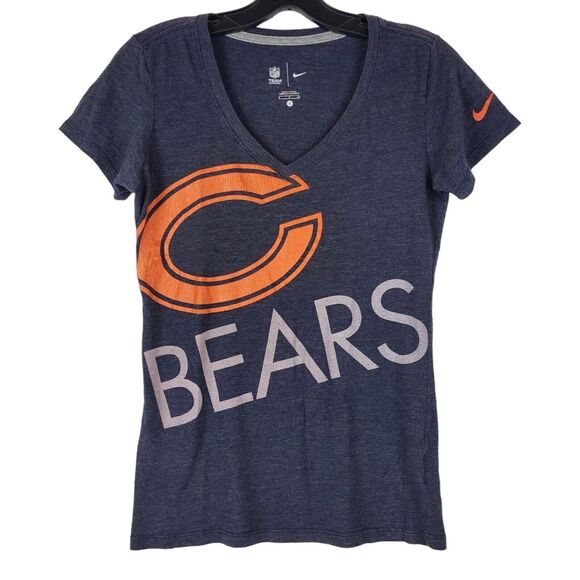 CHICAGO BEARS Shirt Womens Small Blue BIG Spell Out V-neck NIKE NFL Football - Picture 1 of 7